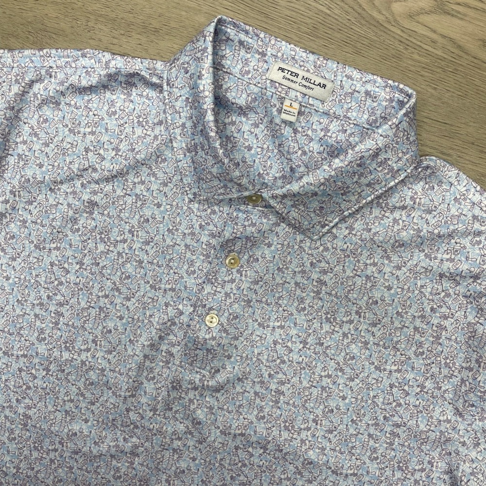 Peter Millar Trump National AOP Polo Shirt Men L Blue Golf Summer Comfort